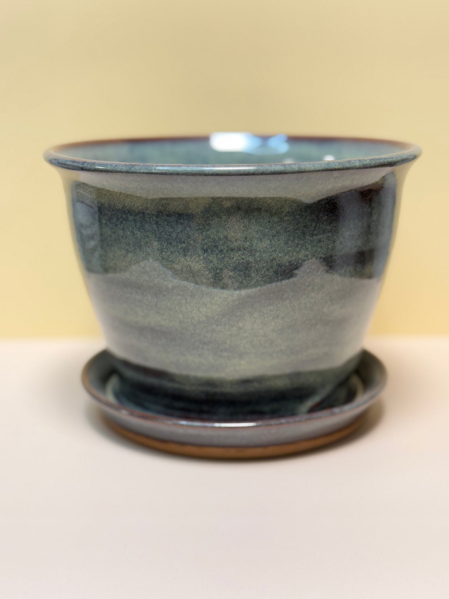 Large Planter Pot with Attached Drip Tray (Iron Lustre Glaze)