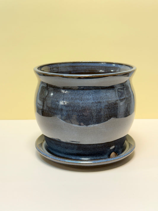 Small Planter Pot with Attached Drip Tray (Blue Midnight Glaze)