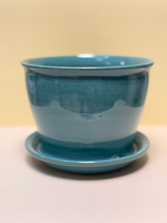 Medium Planter Pot with Attached Drip Tray (Tourmaline Glaze)