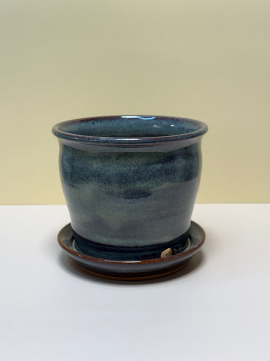 Small Planter Pot with Attached Drip Tray (Iron Lustre Glaze)